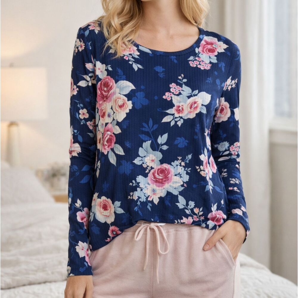 New! Flora Nikrooz Navy Floral Long Sleeve Sleep Top Soft Stretch Small Women